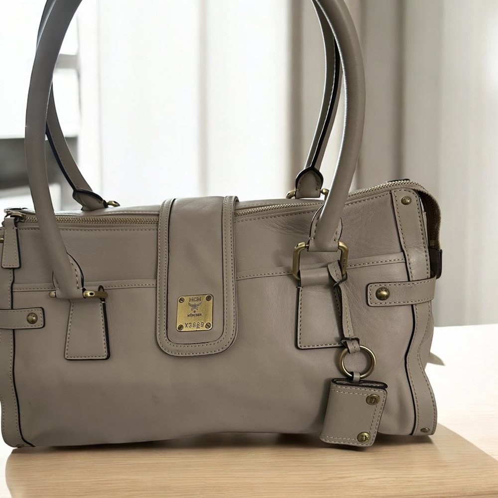 MCM Taupe Soft Leather Satchel Purse/Handbag Gold‎ Hardware Large w/ charm